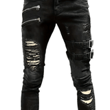 kkboxly  Slim Fit Ripped Biker Jeans, Men's Casual Street Style Medium Stretch Denim Pants