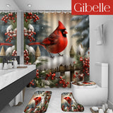 1pc/4pcs Cardinal Winter Christmas Shower Curtain With 12 Hooks, Red Complete Bathroom Rug Set Including Toilet Mat & Lid Cover, Durable & Quick-Drying, Christmas Decorations