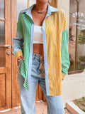 kkboxly  Striped Open Back Shirt, Sexy Color Block Button Down Long Sleeve Shirt, Women's Clothing