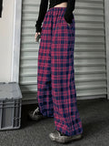 kkboxly  Plus Size Casual Pants, Women's Plus Plaid Print Elastic High Rise Wide Leg Trousers With Pockets