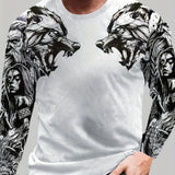 kkboxly  Wolf Pattern Print, Men's Graphic Design Crew Neck Long Sleeves T-shirt, Casual Comfy Shirts For Spring Autumn, Men's Clothing Tops