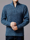 Men's Trendy Knitted Pullover, Casual Mid Stretch Breathable Zip Up Long Sleeve Sweater For Outdoor Fall Winter