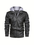 kkboxly  Men's PU Hooded Biker Jacket, Men's Casual Multi Pockets Stylish Faux Leather Jacket Coat