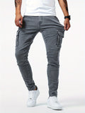 kkboxly Men's Casual Multi Pocket Jeans, Street Style Medium Stretch Denim Pants