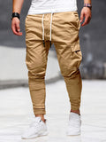 kkboxly  Solid Multi Flap Pockets Men's Drawstring Cargo Pants, Slim Fit Elastic Casual Outdoor Pants, Men's Work Pants