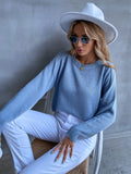 Women's Sweater Casual Solid Blue Crewneck Raglan Sleeve Loose Fall Winter Sweater