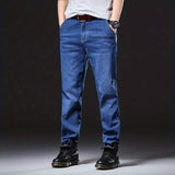 Plus Size Stretch Jeans, Men's Loose Straight Leg Denim Trousers