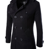 kkboxly  Men's Mid Long Wool Woolen Pea Coat Double Breasted Stand Collar Overcoat Winter Trench Coat