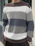 kkboxly  Crew Neck Retro Knitted Sweater, Men's Casual Warm Striped Slightly Stretch Pullover Sweater For Fall Winter