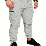 kkboxly  Casual Side Flap Pockets Drawstring Woven Joggers, Men's Cargo Pants For Spring Fall Outdoor