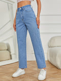 Light Blue Casual Straight Jeans, Non-Stretch Loose Fit Slash Pockets Denim Pants, Women's Denim Jeans & Clothing