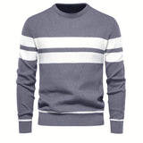 kkboxly  All Match Knitted Striped Pattern Sweater, Men's Casual Warm Slightly Stretch Crew Neck Pullover Sweater For Men Fall Winter