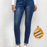 kkboxly  Plain Fleece Liner Skinny Jeans, Slim Fit Mid-Stretch Keep Warm Casual Denim Pants, Women's Denim Jeans & Clothing