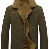 Men's Warm Fleece Cotton Jacket For Fall Winter, Casual Lapel Biker Jacket Coat