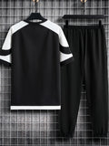 2-piece Men's Summer Street Outfit Set, Color Block Men's Short Sleeve Round Neck T-shirt & Drawstring Long Pants Set