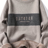 kkboxly  Letter Pattern Knitted Sweater, Men's Casual Warm Slightly Stretch Crew Neck Pullover Sweater For Men Fall Winter