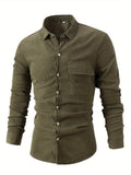 kkboxly Solid Corduroy Men's Long Sleeve Shirt With Chest Pocket, Men's Thick Casual Button Up Shirt For Fall Winter