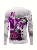 kkboxly  Santa & Snowman 3D Anime Print Men's Stylish Long Sleeve Round Neck T-shirt, Spring Fall