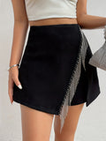 kkboxly  Shiny Rhinestone Tassels Zipper Back Shorts, Casual Asymmetrical Hem Shorts, Women's Clothing