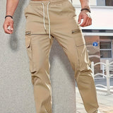 kkboxly Men's  Trendy Solid Tactical Pants, Casual Multi Pockets Trousers For Outdoor