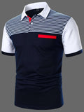 kkboxly  Stripe Pattern Casual Mid Stretch Button Up Short Sleeve Polo Shirt, Men's POLO For Summer