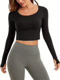 kkboxly  Plain Solid Crew Neck Crop Tops, Slim Fit Long Sleeves Yoga T-shirt, Women's Activewear