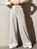 kkboxly  Drawstring Loose Solid Pants, Casual Wide Leg Long Length Pants, Women's Clothing