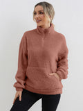 Zip Front Plush Pullover Sweatshirt, Casual Pocket Long Sleeve Sweatshirt, Women's Clothing