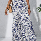 kkboxly  Boho Plants Print Pants, Casual High Waist Elastic Wide Leg Summer Beach Palazzo Pants, Women's Clothing