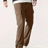 kkboxly  Zipper Design, Men's Corduroy Cargo Pants With Flap Pockets, Comfy Trendy Trousers