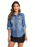 kkboxly  Blue Long Sleeves Denim Shirt, Single Breasted Button Washed Flap Pockets Lapel Denim Shirt, Women's Denim Clothing