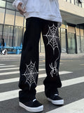 Spider & Spider Web Print Kpop Straight Leg Jeans, Men's Casual Street Style Denim Baggy Pants