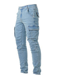 kkboxly  Slim Fit Cargo Jeans, Men's Casual Street Style Multi Pocket High Stretch Denim Pants For Spring Summer