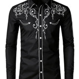 kkboxly Cow Boy Style Men's Chic Embroidered Long Sleeve Lapel Shirt, Spring Fall