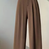 kkboxly  Solid High Waist Pants, Casual Wide Leg Button Pants, Women's Clothing