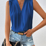 kkboxly   Wrap Pleated Tank Blouse, Casual V Neck Sleeveless Blouse For Spring & Summer, Women's Clothing