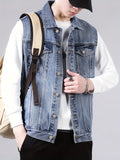 kkboxly Men's Casual Chest Pocket Distressed Button Up Denim Vest