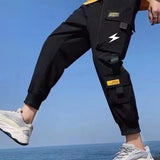 kkboxly  Ribbon Design, Men's Drawstring Overalls With Pockets, Loose Trendy Comfy Jogger Pants