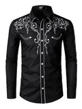 kkboxly Cow Boy Style Men's Chic Embroidered Long Sleeve Lapel Shirt, Spring Fall