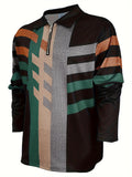 kkboxly Vintage Color Block Waffle Men's Comfy Long Sleeve Zipper Lapel Shirt For Spring Fall