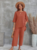 kkboxly Solid Simple Two-piece Est, Crew Neck 3/4 Sleeve Tops & Wide Leg Pants Outfits, Women's Clothing