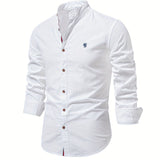 kkboxly  Solid Color Men's Cotton Long Sleeve Button Up Shirt With Stand Collar, Spring Fall