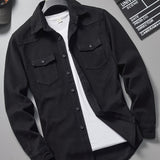 Men's Loose Fit Solid Color Lapel Collar Long Sleeve Denim Jacket With Pockets, Men's Outfits