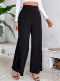 kkboxly  Solid Color Wide Leg Pants, Elegant Contrast Lace Loose Pants For Every Day, Women's Clothing