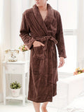 kkboxly Men's Comfy Solid Fleece Robe Home Pajamas Wear With Pocket One-piece Lace Up Kimono Night-robe Warm Sets After Bath