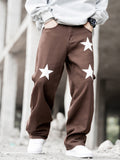 kkboxly  Star Print Loose Fit Jeans, Men's Casual Street Style Cotton Wide Leg Pants