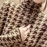 kkboxly  Houndstooth Pattern Turtle Neck Pullover Sweater, Elegant Long Sleeve Slim Versatile Sweater, Women's Clothing