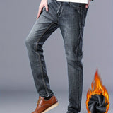 kkboxly  Warm Fleece Straight Leg Jeans For Business, Men's Semi-formal Denim Pants For Fall Winter