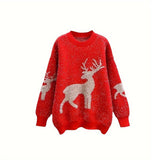 Cozy Red Christmas Elk Pullover Sweater - Teen Girls' Baggy Comfy Long Sleeve Knitted Jumper Tops for Casual Winter Wear - Soft, Warm, and Festive Holiday Gift Idea