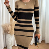 kkboxly  Striped Slim Sweater Dresses , Long Sleeve Crew Neck Mini Dress , Women's Clothings